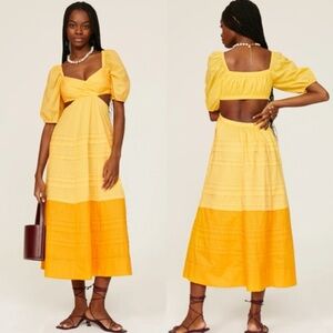 STAUD Carina Cutout Midi Dress Yellow Ombre Puff Sleeve Size XS Flowy Romantic